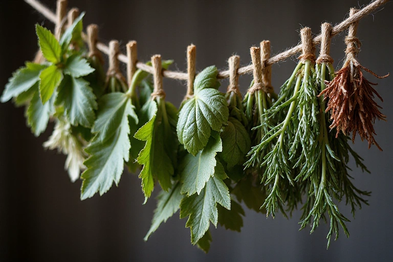 Zdjęcie przedstawiające zioła lecznicze suszące się na sznurku, symbolizujące tradycyjne metody leczenia.